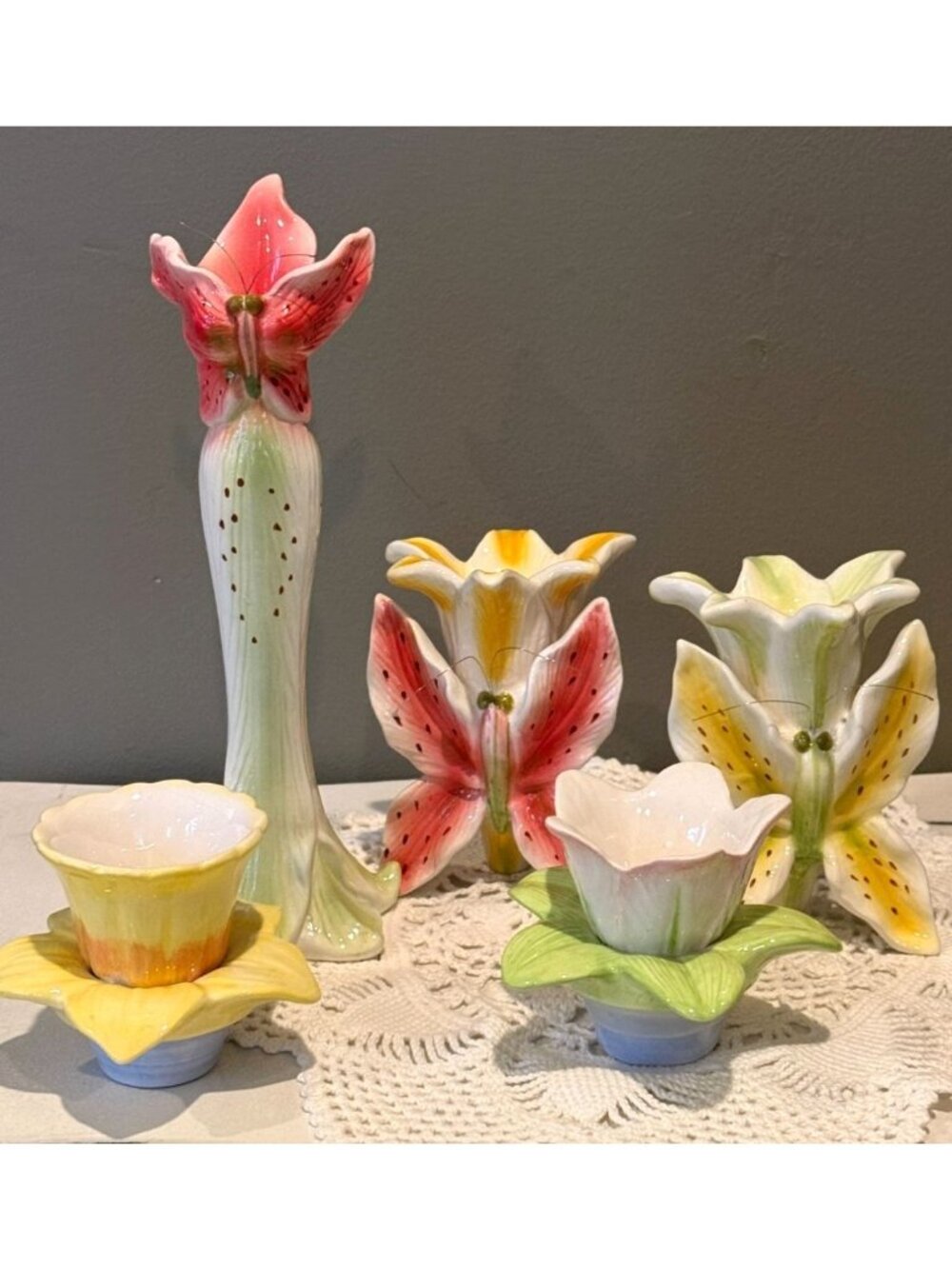 Floral Taper Candle Holders Set Cottagecore Lily Candlesticks Spring Decor